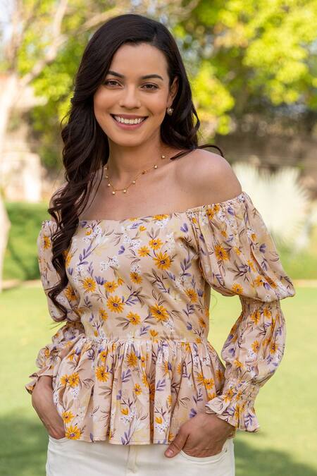 B'Infinite_Beige Rayon Floral Straight Springtime Tie-up Top_Online_at_Aza_Fashions