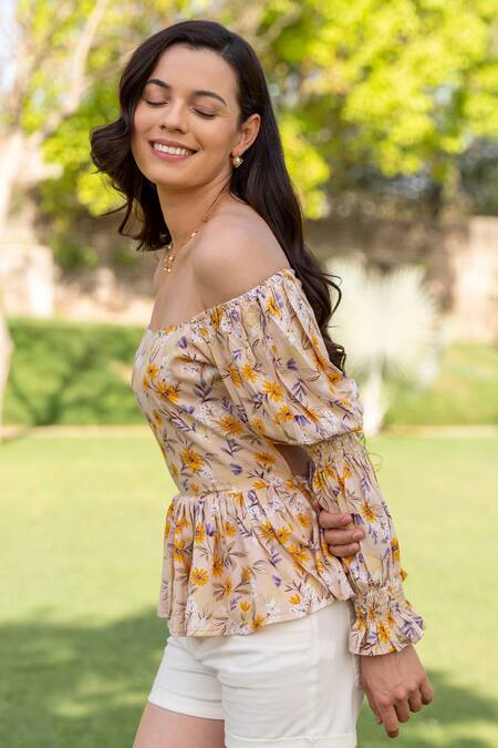 Buy_B'Infinite_Beige Rayon Floral Straight Springtime Tie-up Top_Online_at_Aza_Fashions