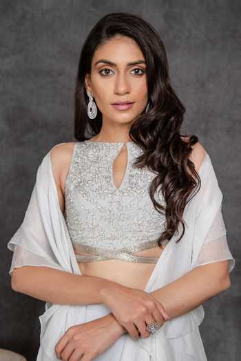 Sunita Bhandari_Blue Viscose, Crepe, Organza Cut Work Boat Embroidered Out Blouse Sharara Set _Online_at_Aza_Fashions