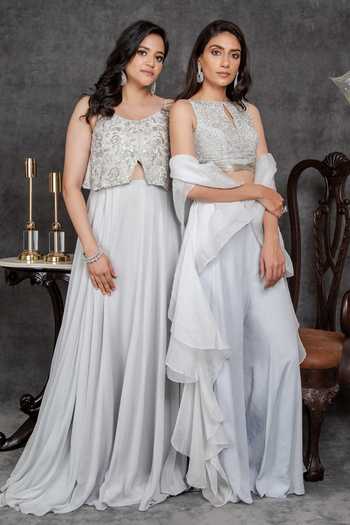 Sunita Bhandari_Blue Viscose, Georgette Sequins, Cut Work V-neck Embroidered Front Out Gown _Online_at_Aza_Fashions