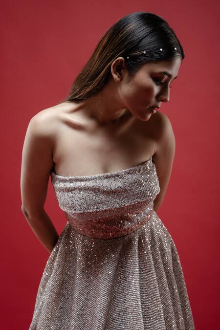 Pocket Stories_Gold Lycra Sequins Bandeau Neck Embroidered Corset Dress_at_Aza_Fashions