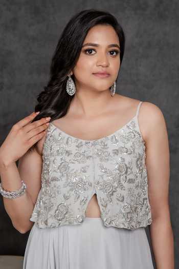 Buy_Sunita Bhandari_Blue Viscose, Georgette Sequins, Cut Work V-neck Embroidered Front Out Gown _Online_at_Aza_Fashions