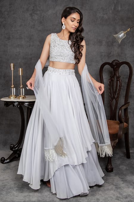 Sunita Bhandari_Blue Viscose, Crepe, Net, Silk Organza Embroidered Blouse Layered Lehenga Set _Online_at_Aza_Fashions
