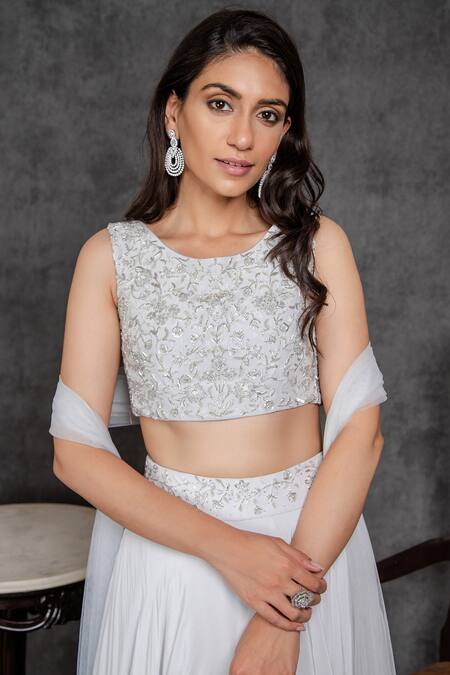 Buy_Sunita Bhandari_Blue Viscose, Crepe, Net, Silk Organza Embroidered Blouse Layered Lehenga Set _Online_at_Aza_Fashions