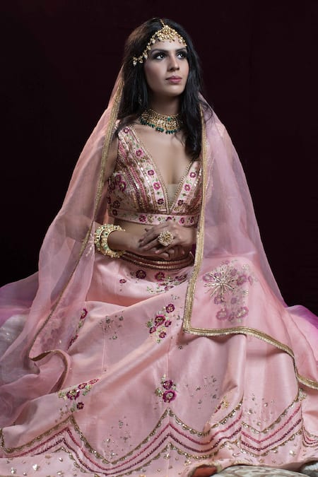 Kanj By Priyanka A Sakhuja_Pink Raw Silk Sequin, Thread And Cutdana Work, Shahista Embroidered Lehenga Set _Online_at_Aza_Fashions