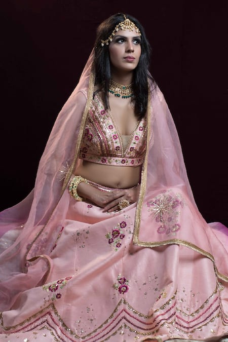 Buy_Kanj By Priyanka A Sakhuja_Pink Raw Silk Sequin, Thread And Cutdana Work, Shahista Embroidered Lehenga Set _Online_at_Aza_Fashions