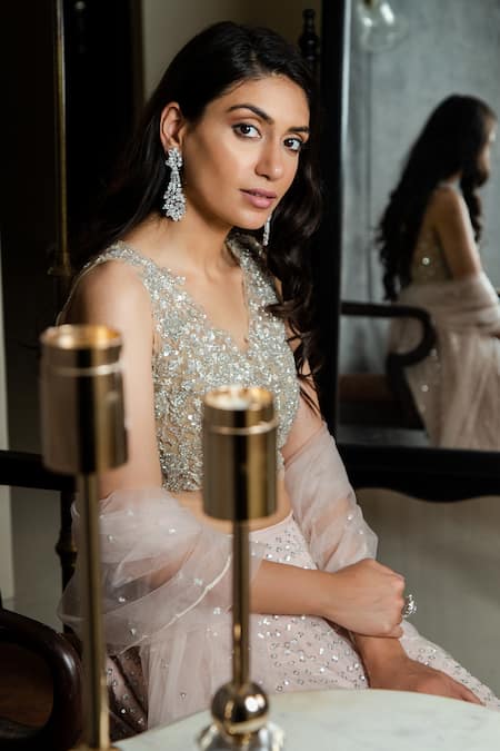 Buy Sunita Bhandari Pink Viscose, Georgette, Net Cut Work, Sequins V-neck Embroidered Lehenga Set Online at Aza Fashions Buy_Sunita Bhandari_Pink Viscose, Georgette, Net Cut Work, Sequins V-neck Embroidered Lehenga Set _Online_at_Aza_Fashions