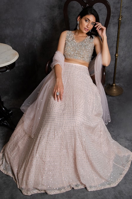 Shop Sunita Bhandari Pink Viscose, Georgette, Net Cut Work, Sequins V-neck Embroidered Lehenga Set Online at Aza Fashions Shop_Sunita Bhandari_Pink Viscose, Georgette, Net Cut Work, Sequins V-neck Embroidered Lehenga Set _Online_at_Aza_Fashions