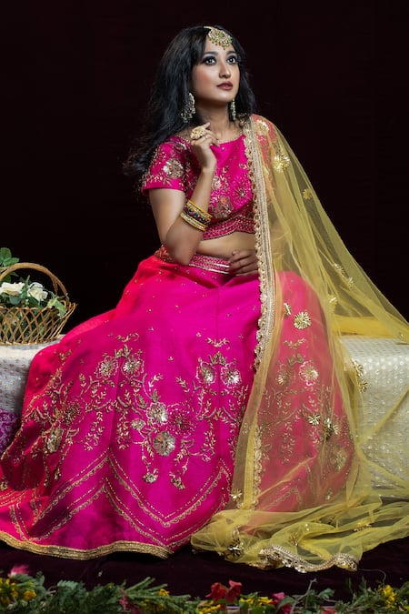 Kanj By Priyanka A Sakhuja_Pink Raw Silk Sequin, Bead And Cutdana Work, Zari Roop Embroidered Lehenga Set _Online_at_Aza_Fashions