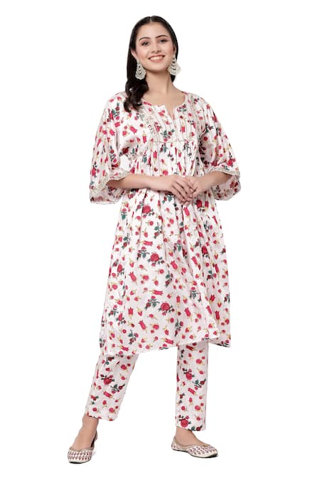 Shetab Kazmi White Modal Satin Floral, Gota Patti Round Neck Bell Sleeve Print Kurta Set Online at Aza Fashions Shetab Kazmi_White Modal Satin Floral, Gota Patti Round Neck Bell Sleeve Print Kurta Set _Online_at_Aza_Fashions