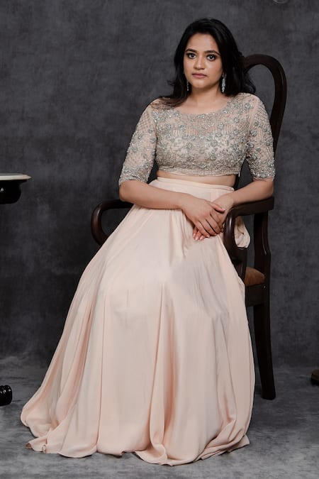 Sunita Bhandari_Peach Viscose, Organza, Net, Crepe Cut Work, Embroidery, Blouse Lehenga Set _Online_at_Aza_Fashions
