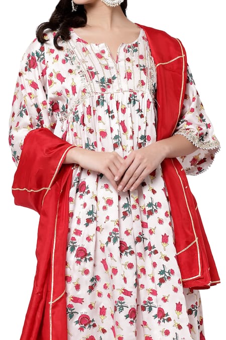 Buy Shetab Kazmi White Modal Satin Floral, Gota Patti Round Neck Bell Sleeve Print Kurta Set Online at Aza Fashions Buy_Shetab Kazmi_White Modal Satin Floral, Gota Patti Round Neck Bell Sleeve Print Kurta Set _Online_at_Aza_Fashions