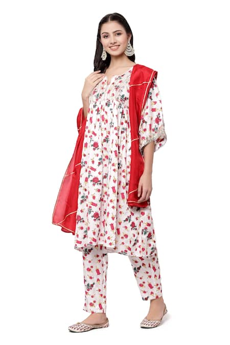 Shop Shetab Kazmi White Modal Satin Floral, Gota Patti Round Neck Bell Sleeve Print Kurta Set Online at Aza Fashions Shop_Shetab Kazmi_White Modal Satin Floral, Gota Patti Round Neck Bell Sleeve Print Kurta Set _Online_at_Aza_Fashions
