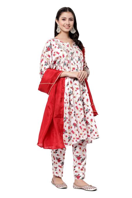 Shetab Kazmi White Modal Satin Floral, Gota Patti Round Neck Bell Sleeve Print Kurta Set at Aza Fashions Shetab Kazmi_White Modal Satin Floral, Gota Patti Round Neck Bell Sleeve Print Kurta Set _at_Aza_Fashions