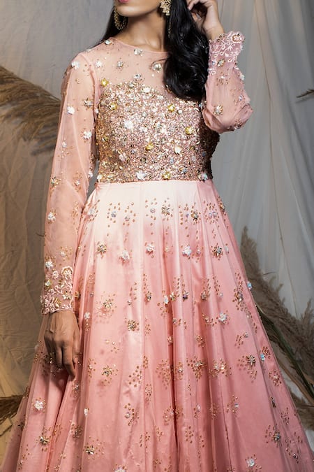 Kanj By Priyanka A Sakhuja Peach Net Sequin, Bead And Crystal Work Illusion Nigar Embroidered Flared Gown Online at Aza Fashions Kanj By Priyanka A Sakhuja_Peach Net Sequin, Bead And Crystal Work Illusion Nigar Embroidered Flared Gown _Online_at_Aza_Fashions