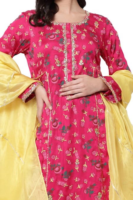 Buy Shetab Kazmi Pink Modal Satin Floral, Gota Patti Round Neck Tulip Print Kurta Set Online at Aza Fashions Buy_Shetab Kazmi_Pink Modal Satin Floral, Gota Patti Round Neck Tulip Print Kurta Set _Online_at_Aza_Fashions
