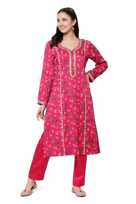 Shetab Kazmi Pink Modal Satin Floral, Gota Patti V Neck Periwinkle And Tulip Print Kurta Set Online at Aza Fashions Shetab Kazmi_Pink Modal Satin Floral, Gota Patti V Neck Periwinkle And Tulip Print Kurta Set _Online_at_Aza_Fashions