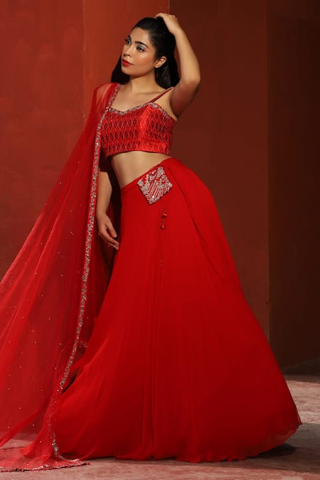 House Of Mithi Kalra_Red Georgette, Kota Doria Embroidery Sweetheart Pocket Lehenga Ikat Blouse Set _Online_at_Aza_Fashions