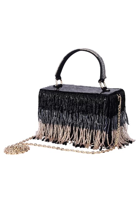 The Purple Sack_Black Embroidery Tassel Clutch _Online_at_Aza_Fashions