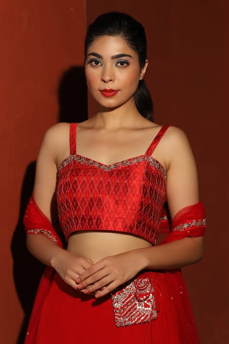 Buy_House Of Mithi Kalra_Red Georgette, Kota Doria Embroidery Sweetheart Pocket Lehenga Ikat Blouse Set _Online_at_Aza_Fashions
