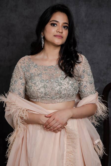 Buy_Sunita Bhandari_Peach Viscose, Organza, Net, Crepe Cut Work, Embroidery, Blouse Lehenga Set _Online_at_Aza_Fashions