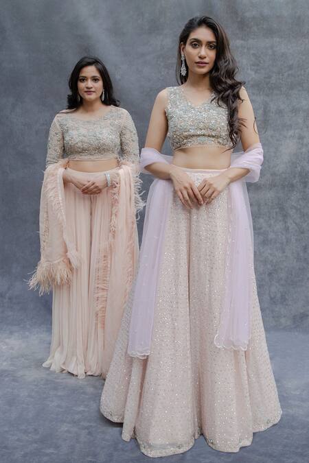 Shop_Sunita Bhandari_Peach Viscose, Organza, Net, Crepe Cut Work, Embroidery, Blouse Lehenga Set _Online_at_Aza_Fashions