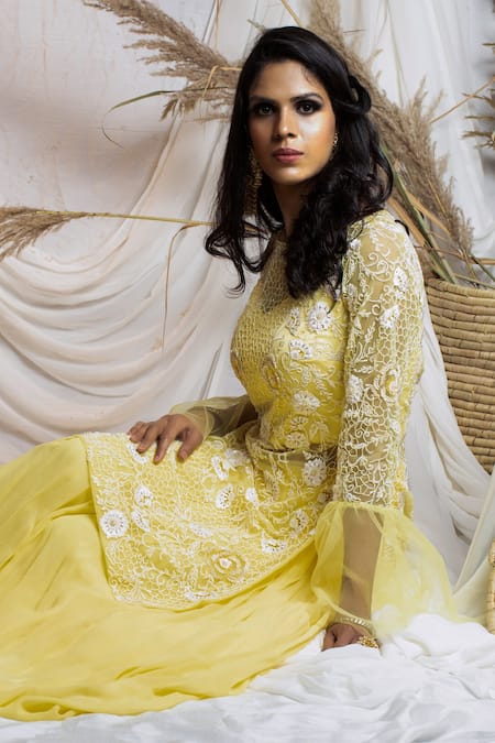 Kanj By Priyanka A Sakhuja_Yellow Georgette Sequin, Thread And Cutdana Work Illusion Sami Embroidered Kurta _Online_at_Aza_Fashions