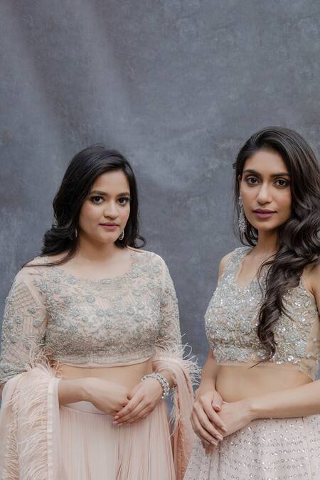 Sunita Bhandari_Peach Viscose, Organza, Net, Crepe Cut Work, Embroidery, Blouse Lehenga Set _at_Aza_Fashions