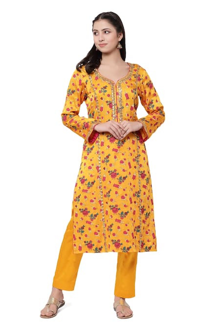 Shetab Kazmi Yellow Modal Satin Floral, Gota Patti V Neck Print Kurta Set Online at Aza Fashions Shetab Kazmi_Yellow Modal Satin Floral, Gota Patti V Neck Print Kurta Set _Online_at_Aza_Fashions