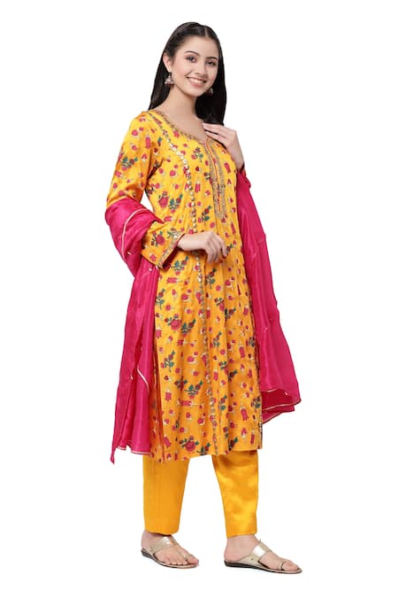 Shetab Kazmi Yellow Modal Satin Floral, Gota Patti V Neck Print Kurta Set at Aza Fashions Shetab Kazmi_Yellow Modal Satin Floral, Gota Patti V Neck Print Kurta Set _at_Aza_Fashions