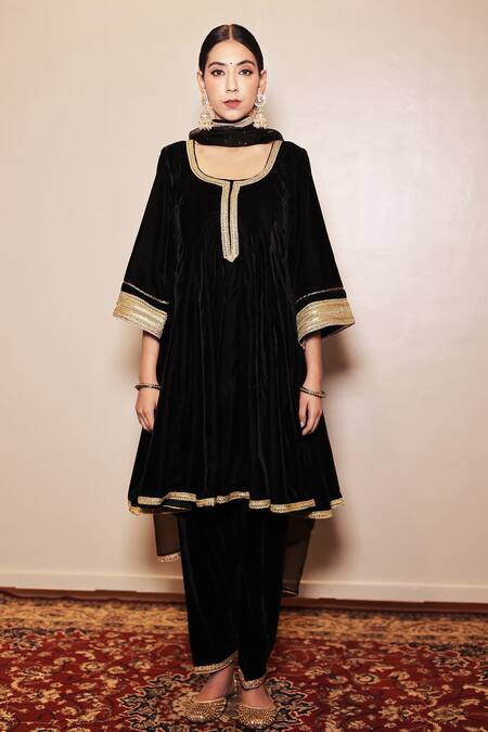 Shop_Shrutkirti_Black Silk, Velvet Embroidery Scoop Neck Zoya Embellished Anarkali Salwar Set _Online_at_Aza_Fashions