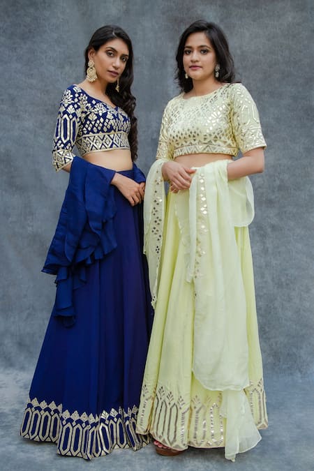 Sunita Bhandari_Green Viscose, Organza Gota Patti, Embroidery Boat Neck Placement Lehenga Set _Online_at_Aza_Fashions