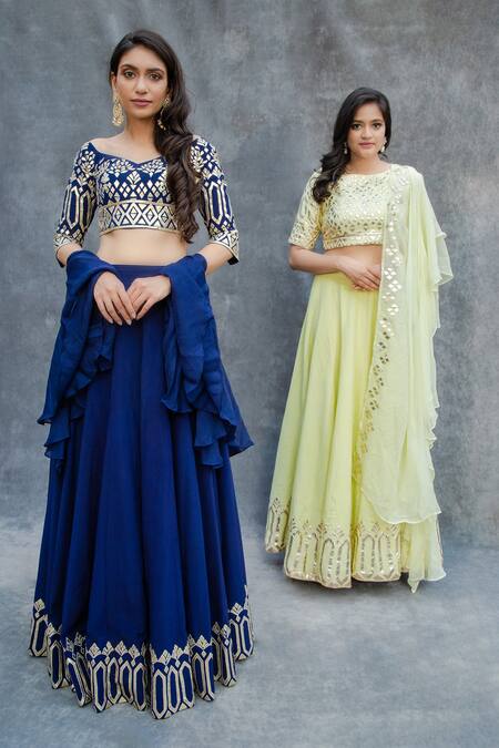 Buy_Sunita Bhandari_Green Viscose, Organza Gota Patti, Embroidery Boat Neck Placement Lehenga Set _Online_at_Aza_Fashions