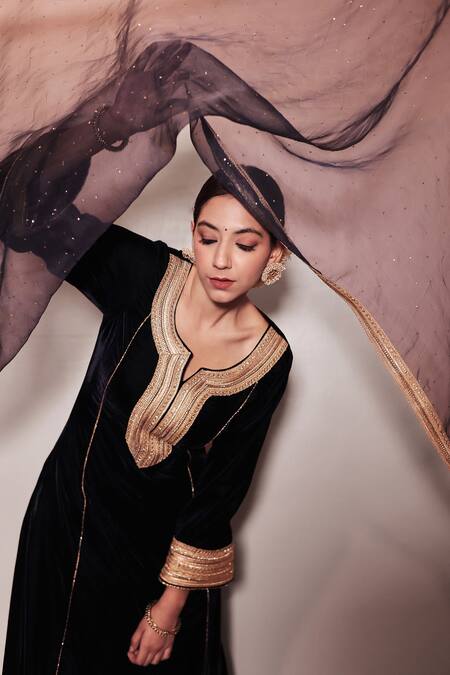 Shop_Shrutkirti_Blue Silk, Velvet, Chiffon Beads, Sequins Zoya Embellished Kurta Palazzo Set_Online_at_Aza_Fashions