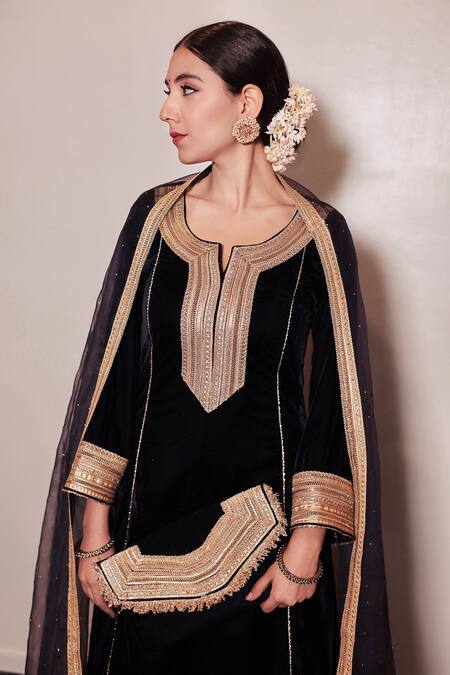 Shrutkirti_Blue Silk, Velvet, Chiffon Beads, Sequins Zoya Embellished Kurta Palazzo Set_at_Aza_Fashions