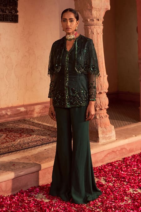 NIDHIKA SHEKHAR_Green Georgette, Linen Embroidery, Tassels Bahu Mela Cape Kurta Sharara Set _Online_at_Aza_Fashions