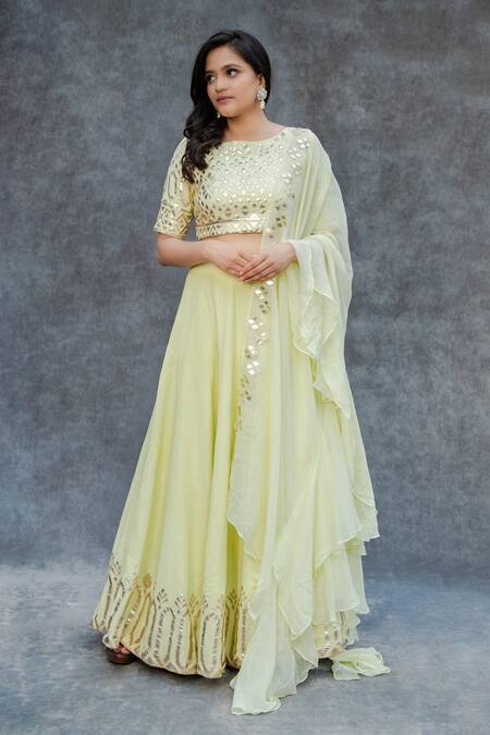 Sunita Bhandari_Green Viscose, Organza Gota Patti, Embroidery Boat Neck Placement Lehenga Set _at_Aza_Fashions