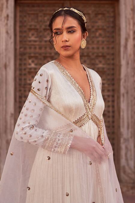 Buy_NIDHIKA SHEKHAR_Ivory Organza, Crepe Embroidery, Sequins Karwa Sleeve Anarkali With Dupatta _Online_at_Aza_Fashions