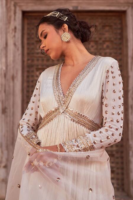 Shop_NIDHIKA SHEKHAR_Ivory Organza, Crepe Embroidery, Sequins Karwa Sleeve Anarkali With Dupatta _Online_at_Aza_Fashions