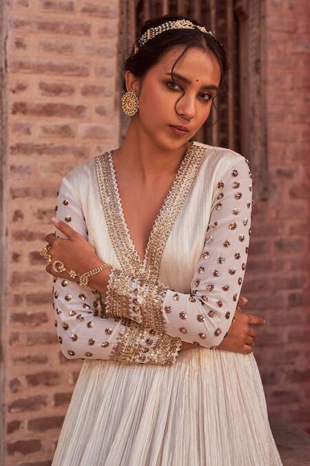 NIDHIKA SHEKHAR_Ivory Organza, Crepe Embroidery, Sequins Karwa Sleeve Anarkali With Dupatta _at_Aza_Fashions
