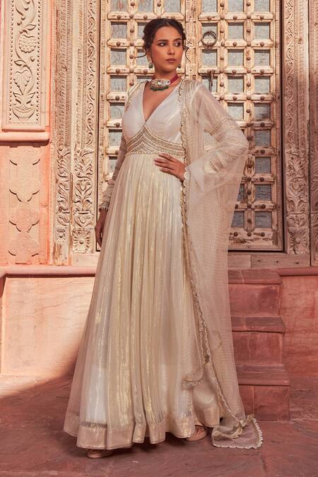 Nidhika Shekhar_Ivory Net, Flannel, Linen Basant Rani Embroidered Bodice Anarkali With Dupatta _at_Aza_Fashions