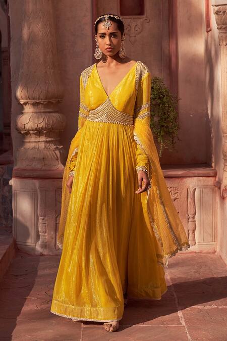 Nidhika Shekhar_Yellow Georgette, Net, Linen Beads Plunge Neck Basant Rani Anarkali With Dupatta _Online_at_Aza_Fashions