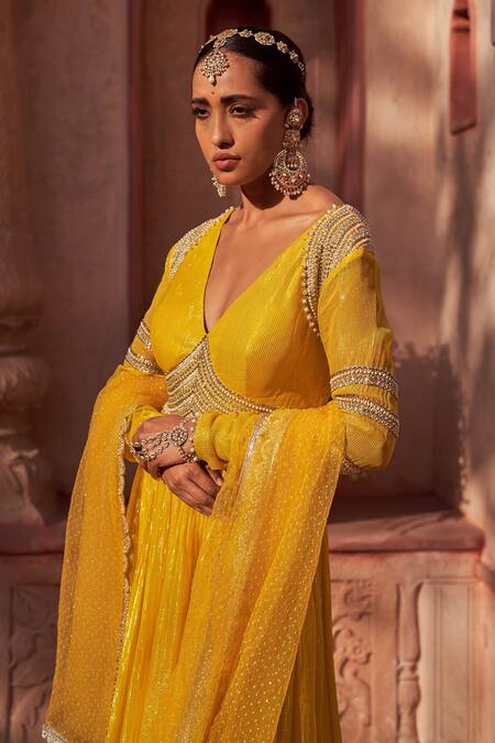 Buy_Nidhika Shekhar_Yellow Georgette, Net, Linen Beads Plunge Neck Basant Rani Anarkali With Dupatta _Online_at_Aza_Fashions