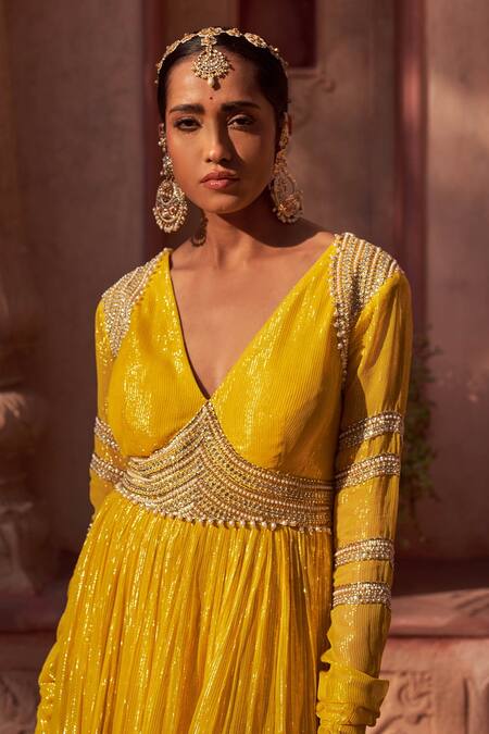 Shop_Nidhika Shekhar_Yellow Georgette, Net, Linen Beads Plunge Neck Basant Rani Anarkali With Dupatta _Online_at_Aza_Fashions