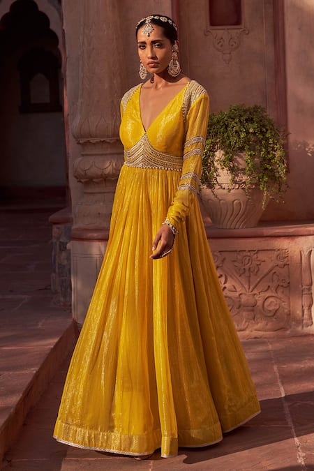 Nidhika Shekhar_Yellow Georgette, Net, Linen Beads Plunge Neck Basant Rani Anarkali With Dupatta _at_Aza_Fashions