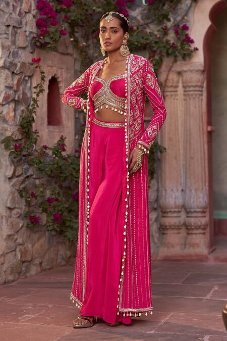 Nidhika Shekhar_Pink Cape And Sharara Crepe Embroidery Sequins Cape Open Gulabo Utsav Set _Online_at_Aza_Fashions