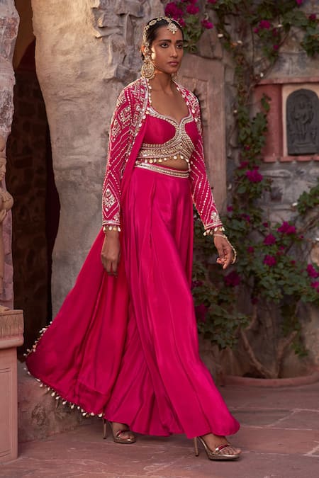 Buy_Nidhika Shekhar_Pink Cape And Sharara Crepe Embroidery Sequins Cape Open Gulabo Utsav Set _Online_at_Aza_Fashions
