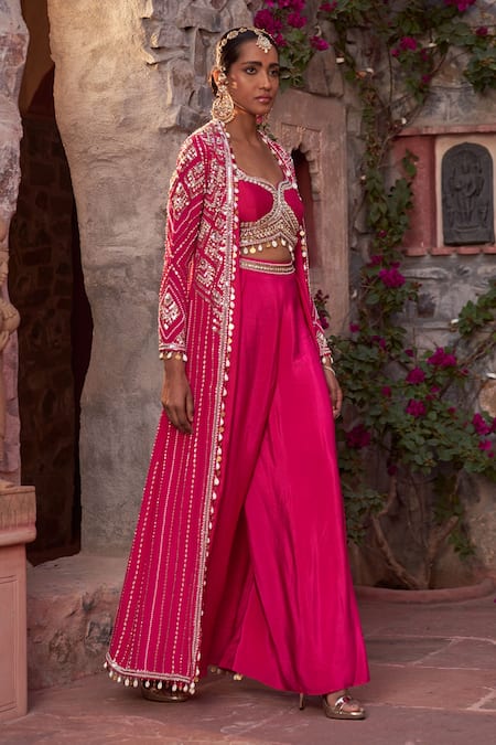 Shop_Nidhika Shekhar_Pink Cape And Sharara Crepe Embroidery Sequins Cape Open Gulabo Utsav Set _Online_at_Aza_Fashions