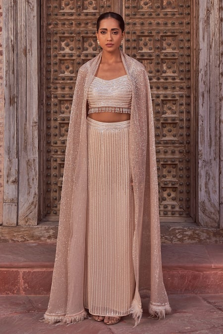 Nidhika Shekhar_Beige Silk, Georgette Sequins, Feathers, Beads, Embroidered Cape Lehenga Set _Online_at_Aza_Fashions