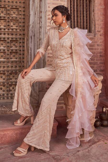 NIDHIKA SHEKHAR_Beige Organza, Georgette Pearls, Ganga Mahotsav Embroidered Kurta Sharara Set _Online_at_Aza_Fashions